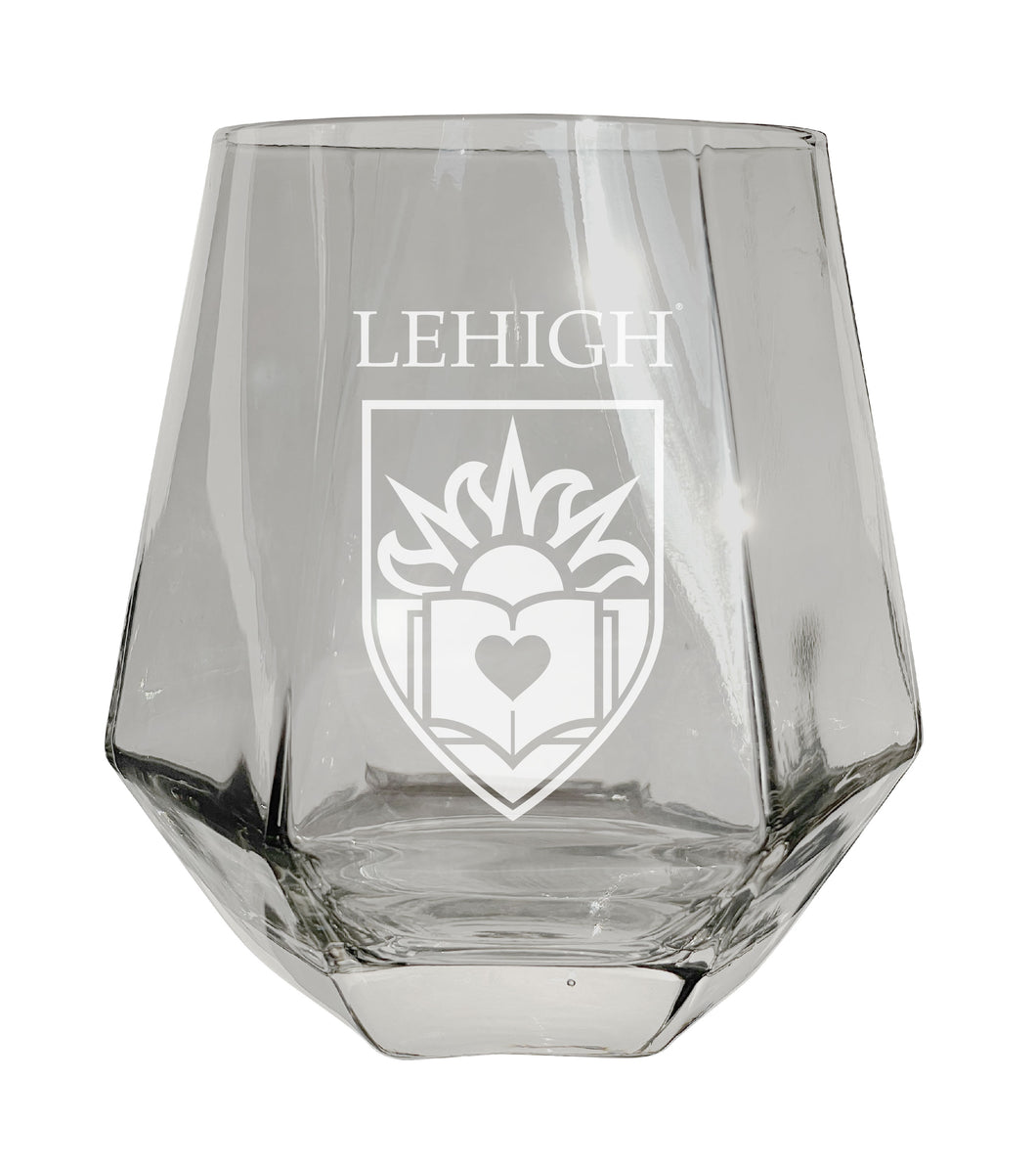 Lehigh University Mountain Hawks Etched Diamond Cut Stemless 10 ounce Wine Glass