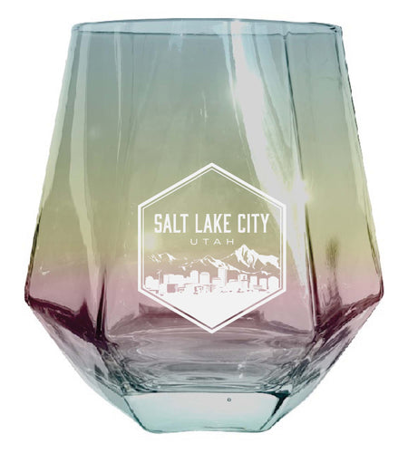 Salt Lake City Utah Souvenir Stemless Diamond Wine Glass Engraved 15 oz Iridescent 4-Pack