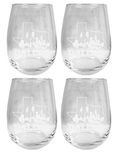 Dallas Texas Souvenir 15 oz Engraved Stemless Wine Glass 4-Pack 