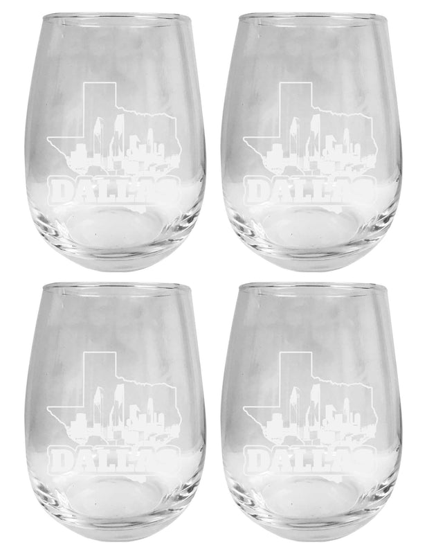 Dallas Texas Souvenir 15 oz Engraved Stemless Wine Glass 4-Pack 