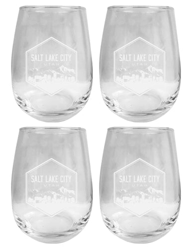 Salt Lake City Utah Souvenir 15 oz Engraved Stemless Wine Glass 4-Pack 