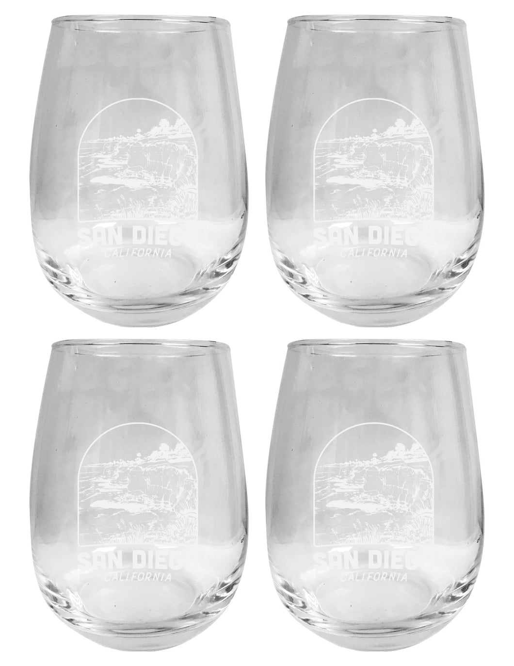 San Diego California Souvenir 15 oz Engraved Stemless Wine Glass 4-Pack 