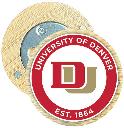 University of Denver Pioneers Round Wood Magnetic Bottle Opener 2.5