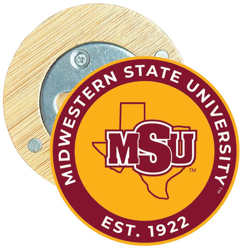 Midwestern State University Mustangs Round Wood Magnetic Bottle Opener 2.5