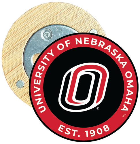 Nebraska at Omaha Round Wood Magnetic Bottle Opener 2.5