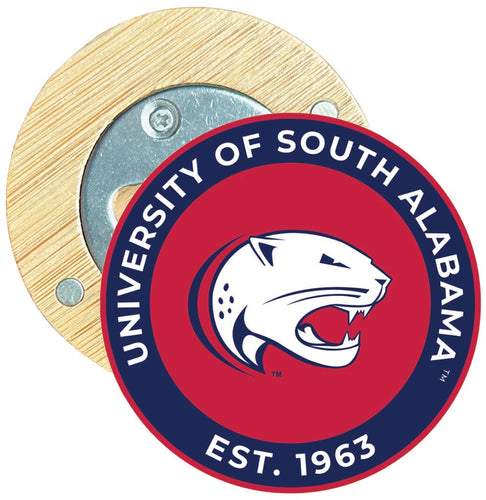 University of South Alabama Round Wood Magnetic Bottle Opener 2.5
