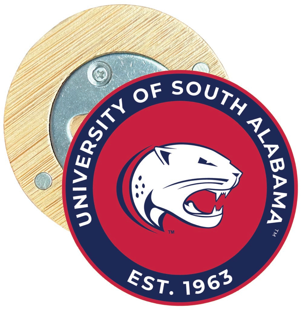University of South Alabama Round Wood Magnetic Bottle Opener 2.5