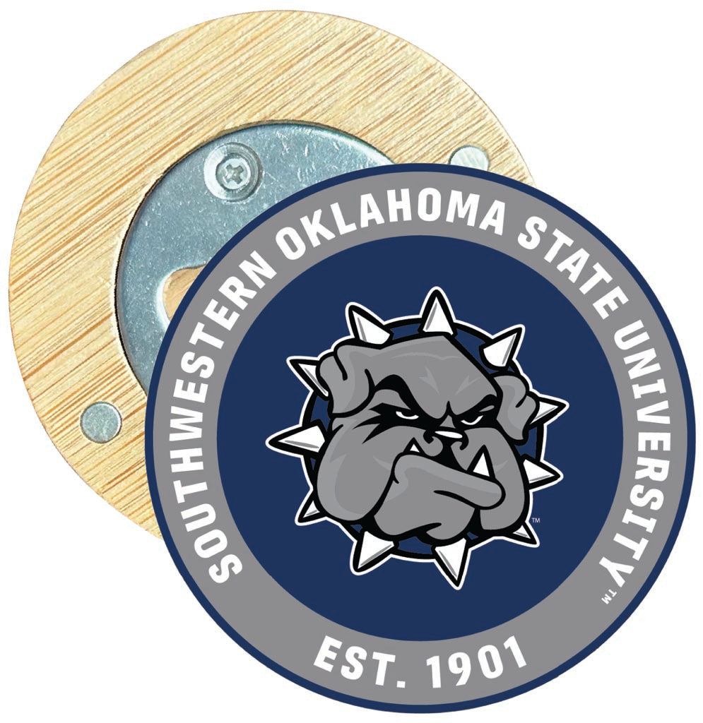 Southwestern Oklahoma State University Round Wood Magnetic Bottle Opener 2.5