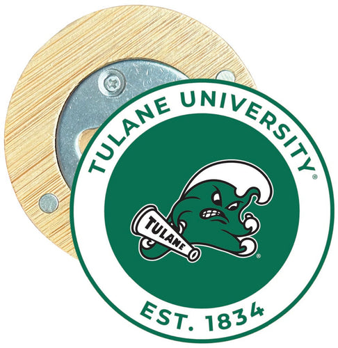Tulane University Green Wave Round Wood Magnetic Bottle Opener 2.5