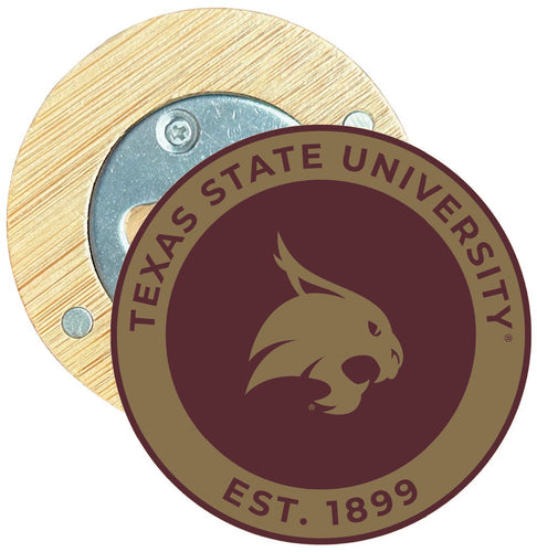 Texas State Bobcats Round Wood Magnetic Bottle Opener 2.5
