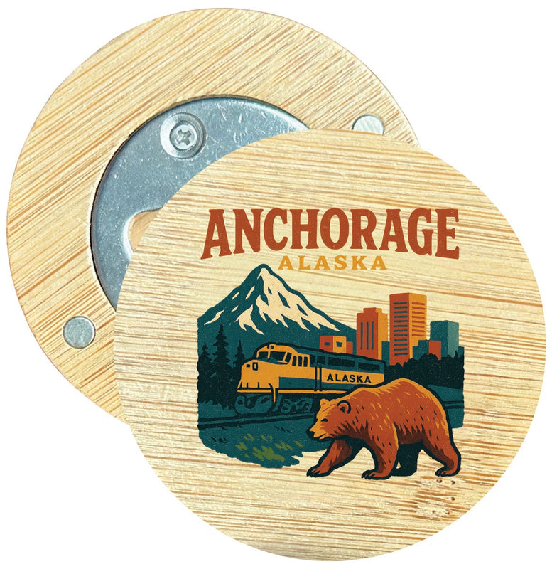 Anchorage Alaska Vintage Design Souvenir Round Wood Magnetic Bottle Opener 2.5"