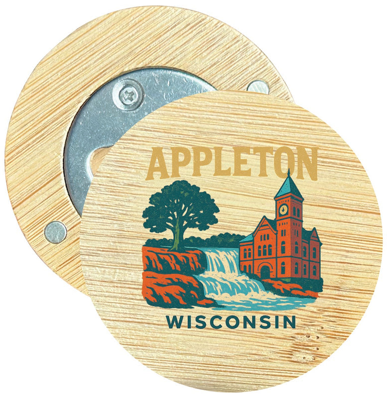 Appleton Wisconsin Vintage Design Souvenir Round Wood Magnetic Bottle Opener 2.5"