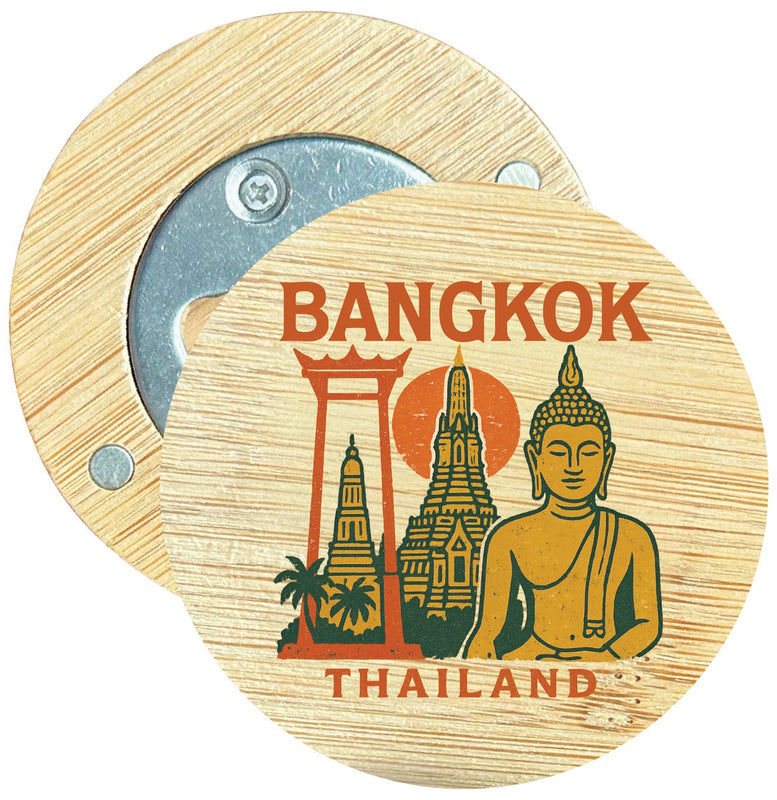 Bangkok Thailand Vintage Design Souvenir Round Wood Magnetic Bottle Opener 2.5"