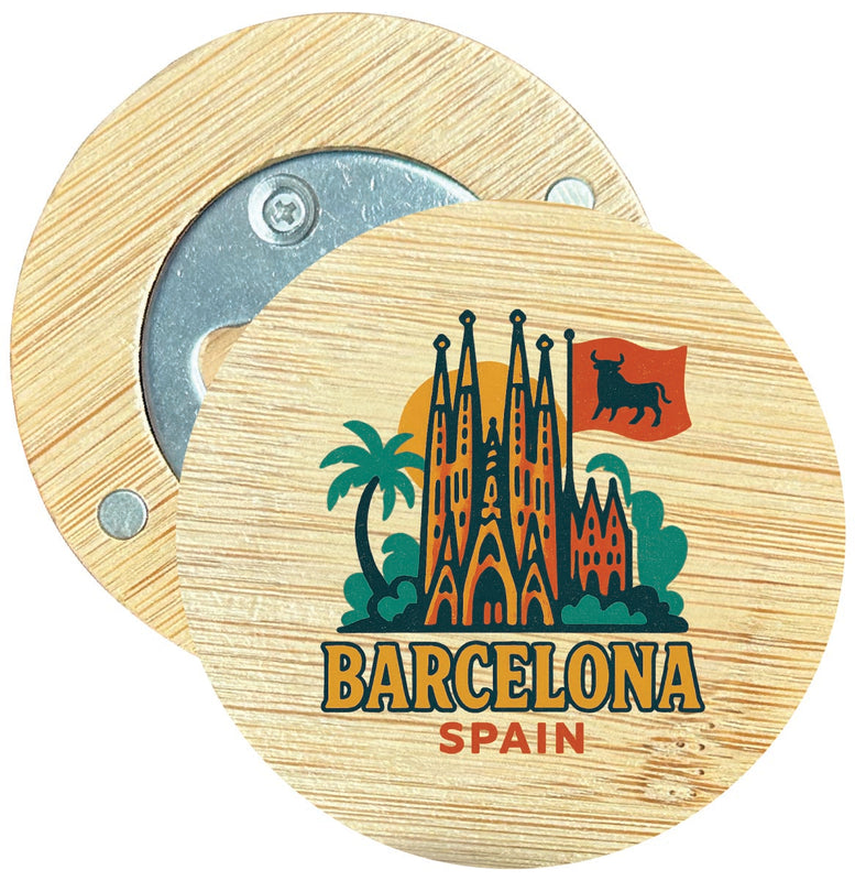 Barcelona Spain Vintage Design Souvenir Round Wood Magnetic Bottle Opener 2.5"