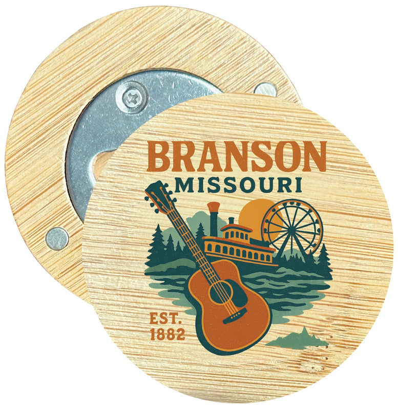 Branson Missouri Vintage Design Souvenir Round Wood Magnetic Bottle Opener 2.5"