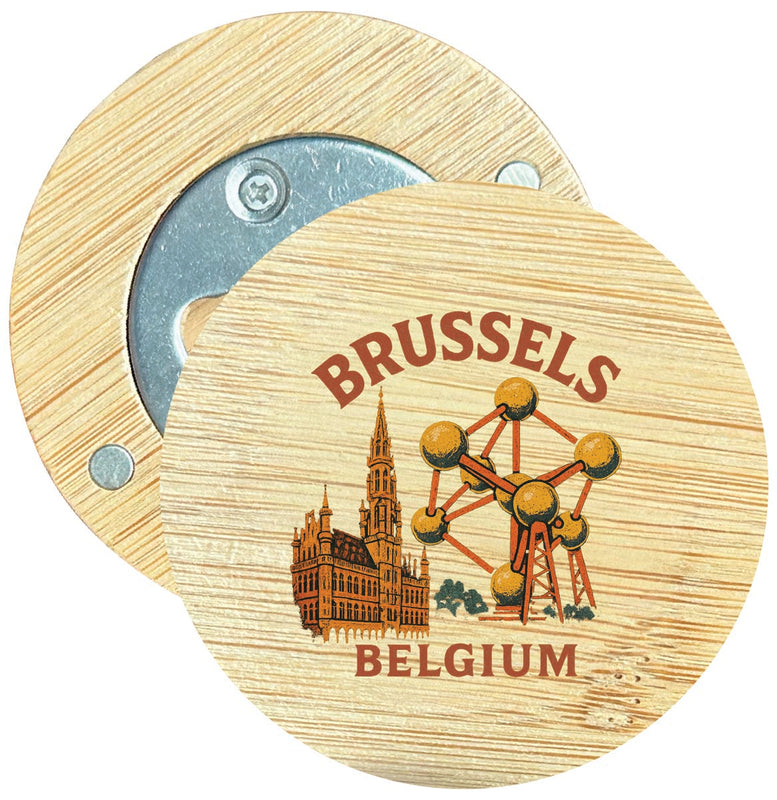 Brussels Belgium Vintage Design Souvenir Round Wood Magnetic Bottle Opener 2.5"