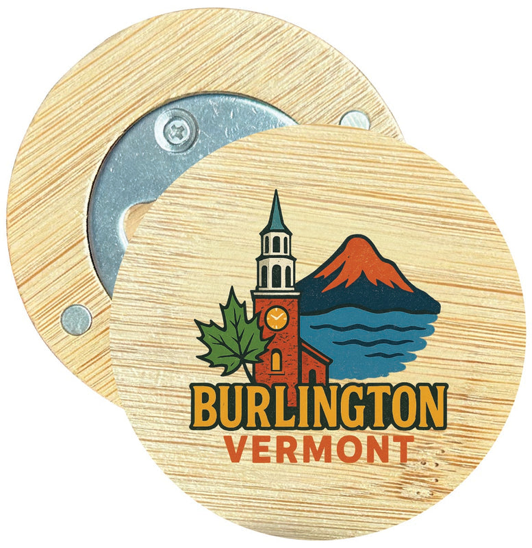 Burlington Vermont Vintage Design Souvenir Round Wood Magnetic Bottle Opener 2.5"