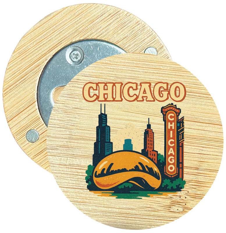 Chicago Illinois Vintage Design Souvenir Round Wood Magnetic Bottle Opener 2.5"