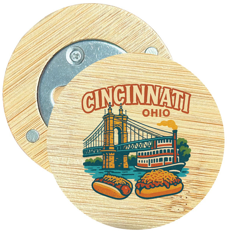 Cincinnati Ohio Vintage Design Souvenir Round Wood Magnetic Bottle Opener 2.5"