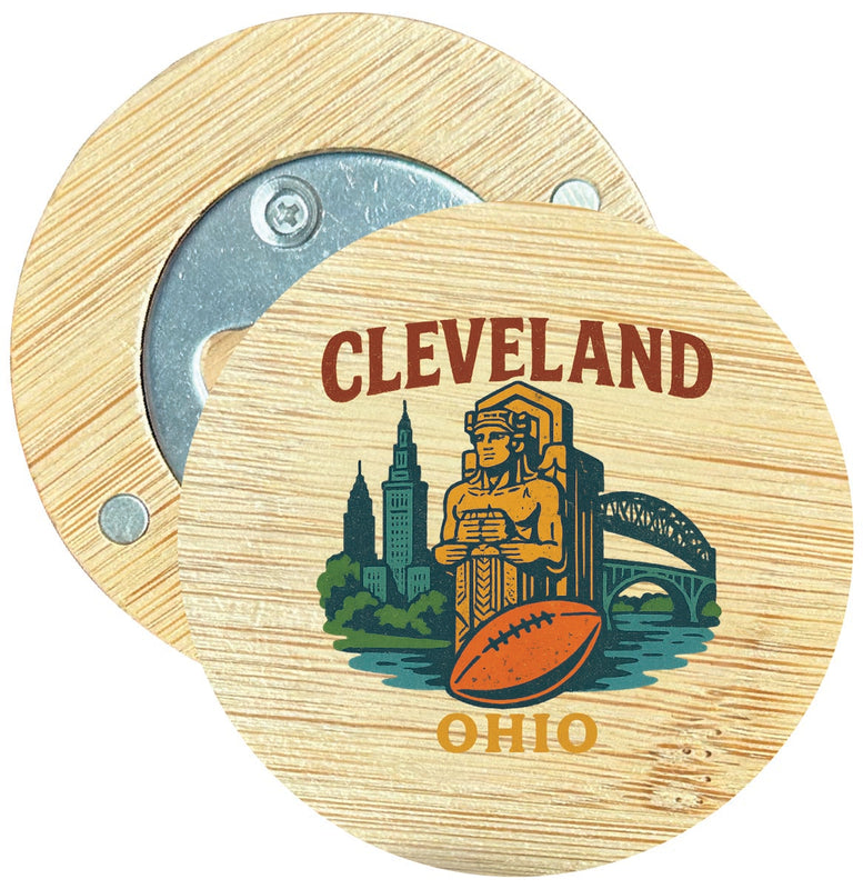 Cleveland Ohio Vintage Design Souvenir Round Wood Magnetic Bottle Opener 2.5"