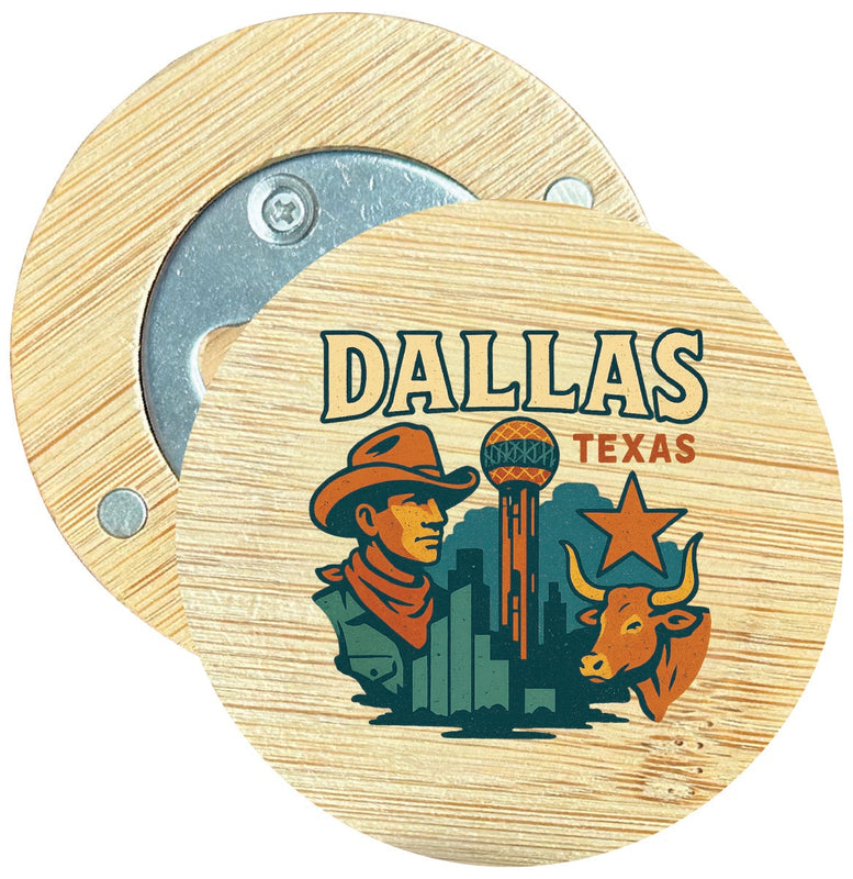 Dallas Texas Vintage Design Souvenir Round Wood Magnetic Bottle Opener 2.5"