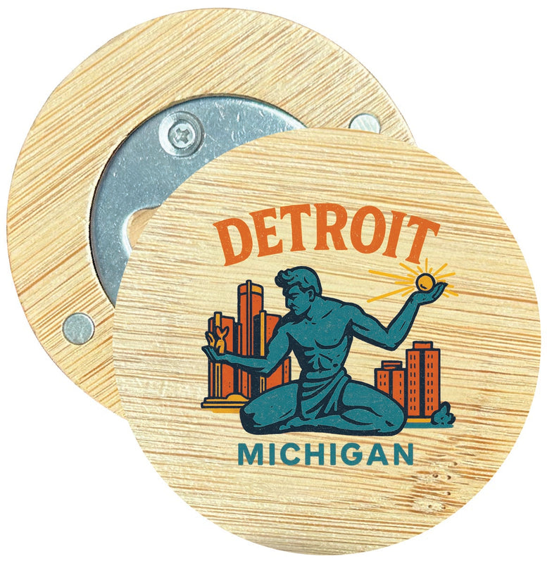 Detroit Michigan Vintage Design Souvenir Round Wood Magnetic Bottle Opener 2.5"