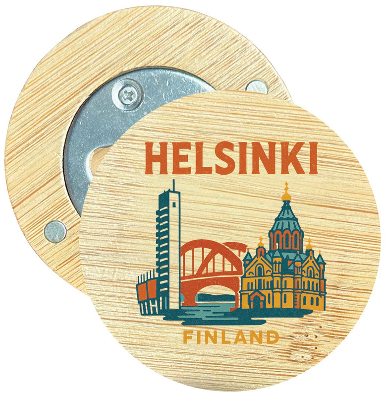 Helsinki Finland Vintage Design Souvenir Round Wood Magnetic Bottle Opener 2.5"