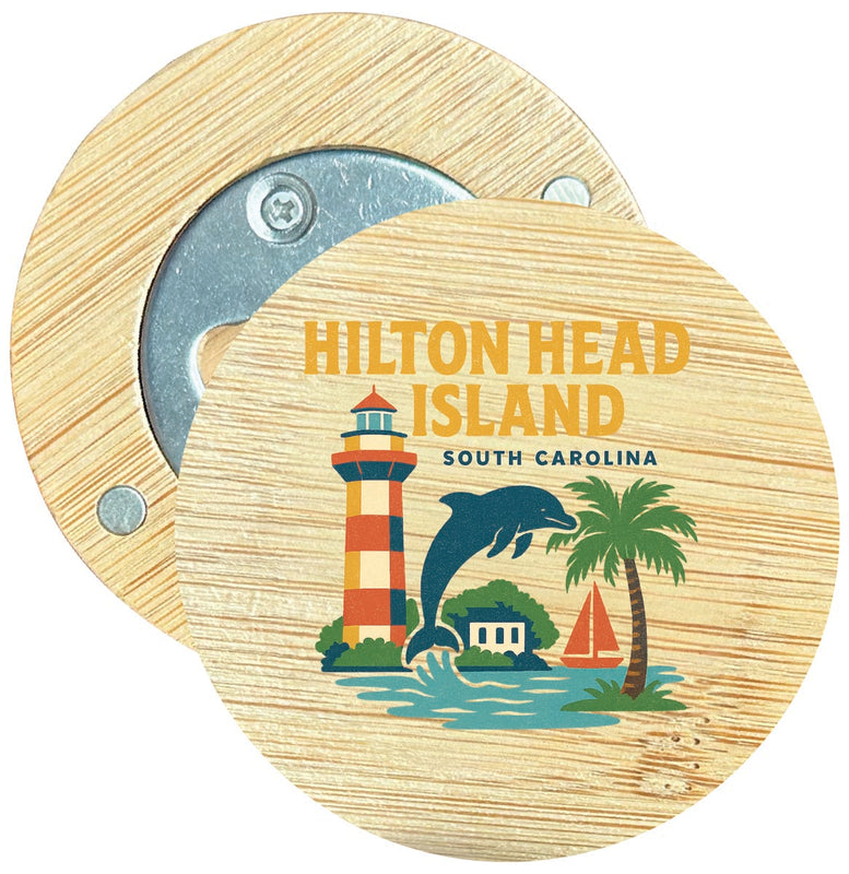 Hilton Head Island South Carolina Vintage Design Souvenir Round Wood Magnetic Bottle Opener 2.5"