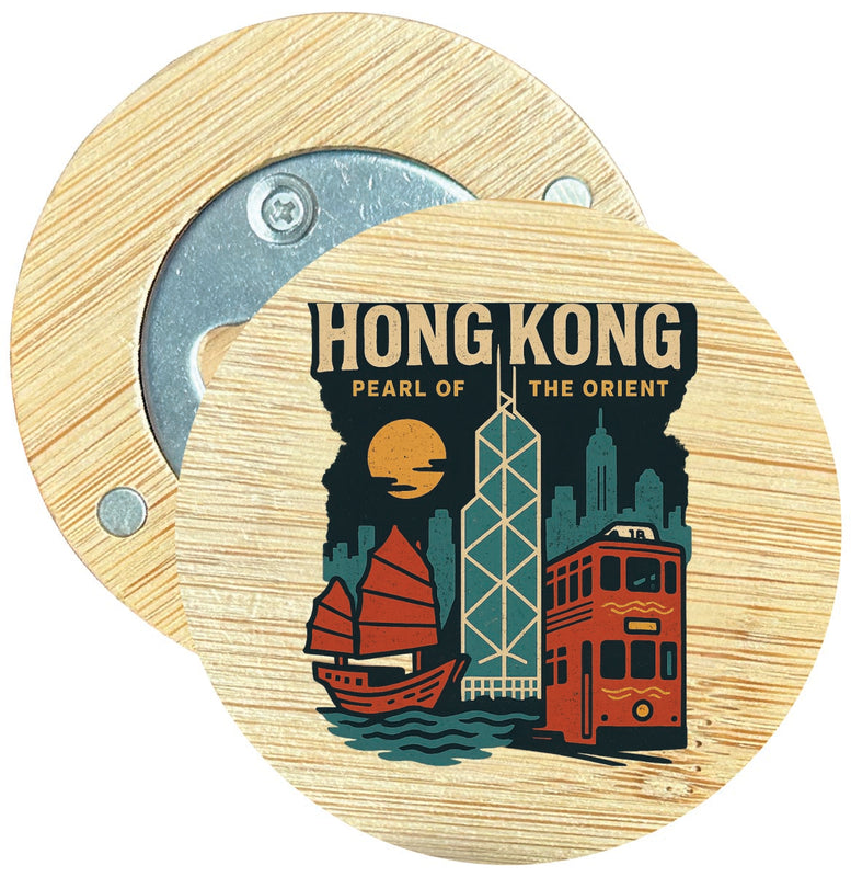Hong Kong Vintage Design Souvenir Round Wood Magnetic Bottle Opener 2.5"