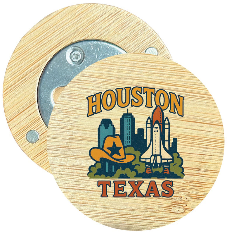 Houston Texas Vintage Design Souvenir Round Wood Magnetic Bottle Opener 2.5"
