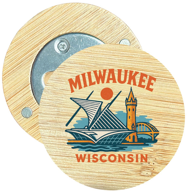 Milwaukee Wisconsin Vintage Design Souvenir Round Wood Magnetic Bottle Opener 2.5"