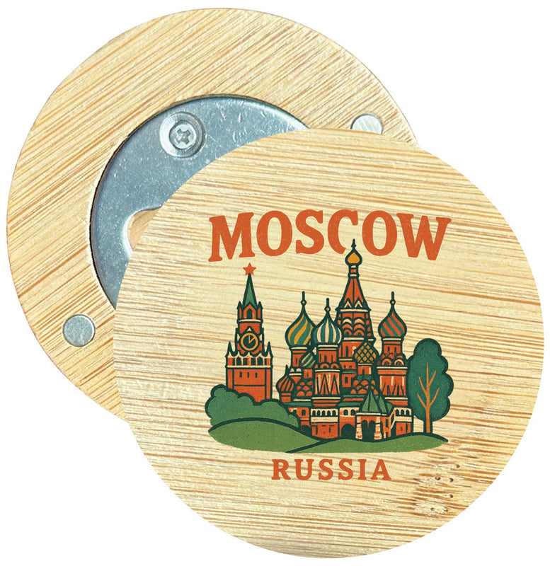Moscow Russia Vintage Design Souvenir Round Wood Magnetic Bottle Opener 2.5"