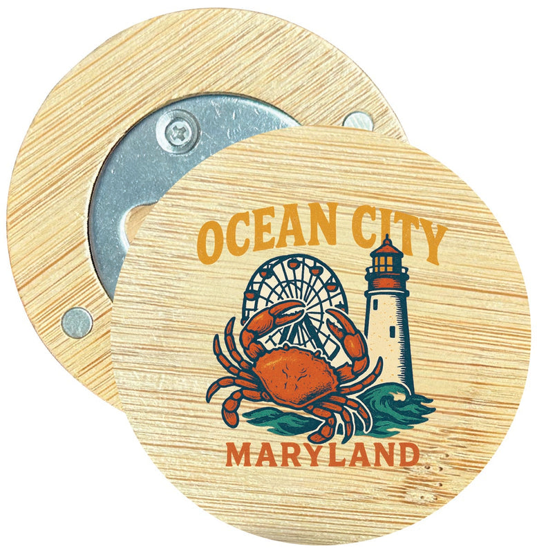 Ocean City Maryland Vintage Design Souvenir Round Wood Magnetic Bottle Opener 2.5"