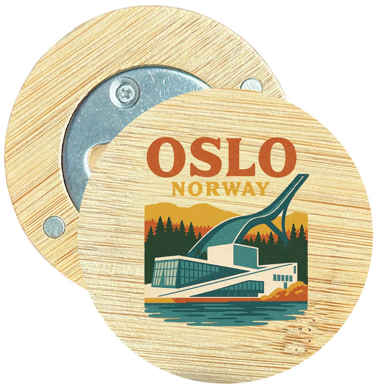Oslo Norway Vintage Design Souvenir Round Wood Magnetic Bottle Opener 2.5"