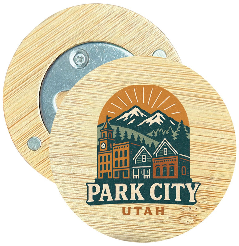 Park City Utah Vintage Design Souvenir Round Wood Magnetic Bottle Opener 2.5"