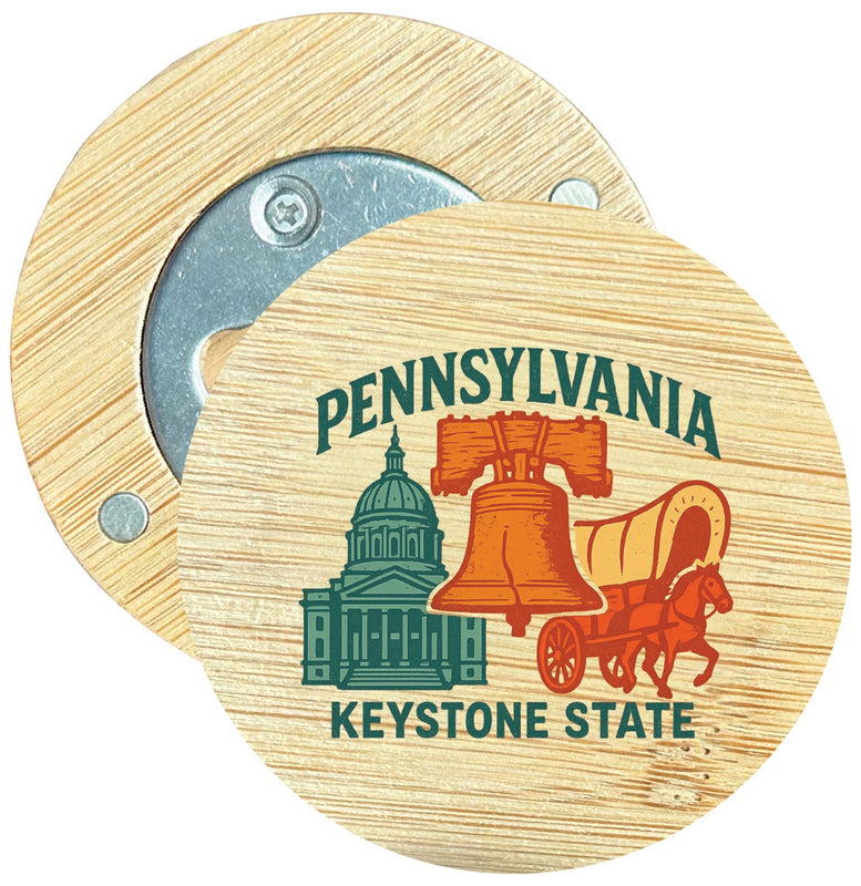 Pennsylvania Vintage Design Souvenir Round Wood Magnetic Bottle Opener 2.5"