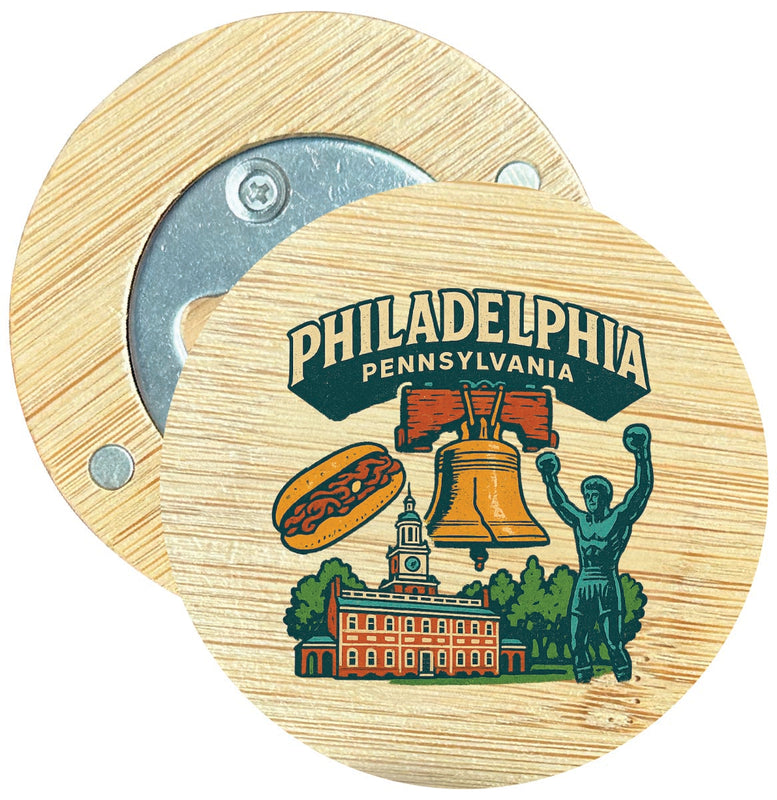 Philadelphia Pennsylvania Vintage Design Souvenir Round Wood Magnetic Bottle Opener 2.5"