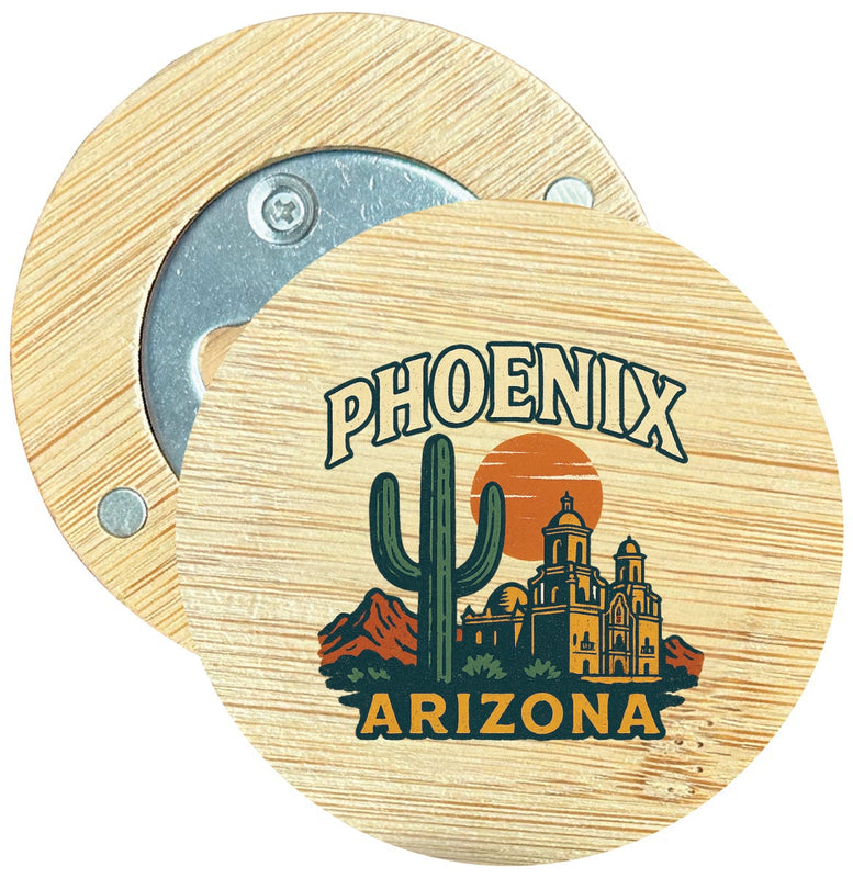 Phoenix Arizona Vintage Design Souvenir Round Wood Magnetic Bottle Opener 2.5"