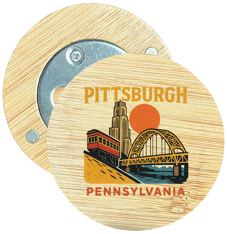 Pittsburgh Pennsylvania Vintage Design Souvenir Round Wood Magnetic Bottle Opener 2.5"