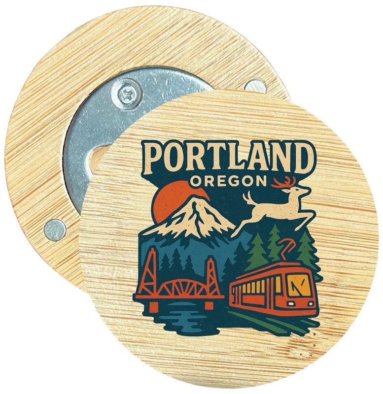 Portland Oregon Vintage Design Souvenir Round Wood Magnetic Bottle Opener 2.5"
