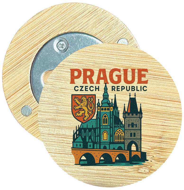 Prague Czech Republic Vintage Design Souvenir Round Wood Magnetic Bottle Opener 2.5"