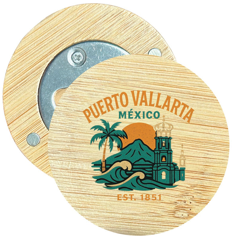 Puerto Vallarta Mexico Vintage Design Souvenir Round Wood Magnetic Bottle Opener 2.5"