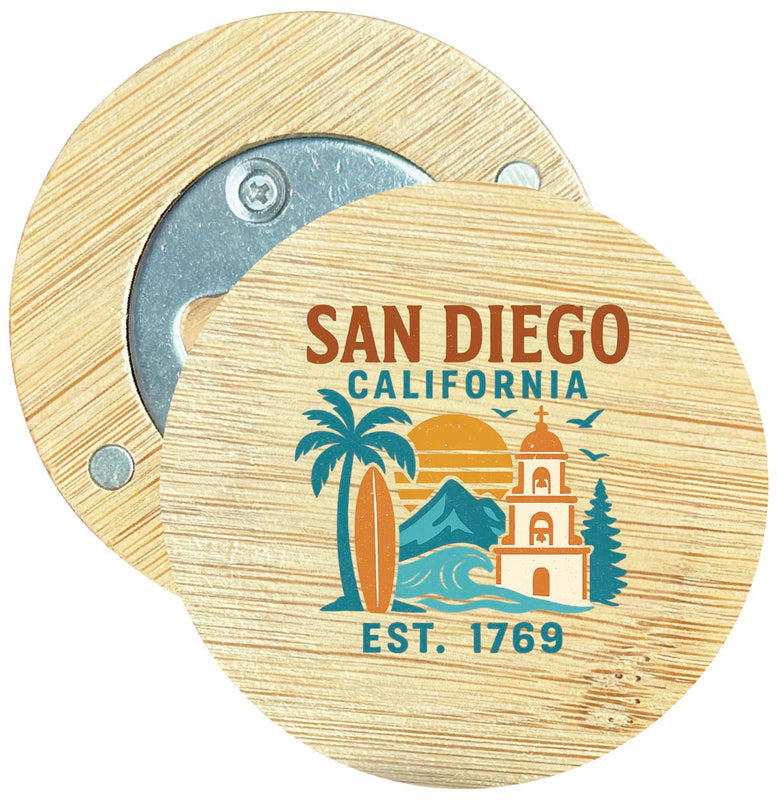 San Diego California Vintage Design Souvenir Round Wood Magnetic Bottle Opener 2.5"