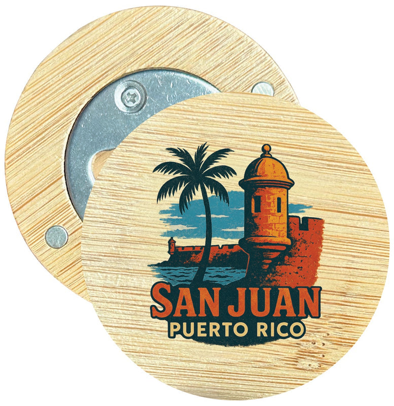 San Juan Puerto Rico Vintage Design Souvenir Round Wood Magnetic Bottle Opener 2.5"