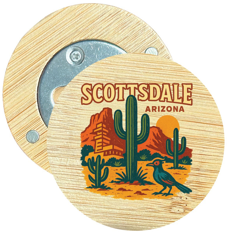 Scottsdale Arizona Vintage Design Souvenir Round Wood Magnetic Bottle Opener 2.5"