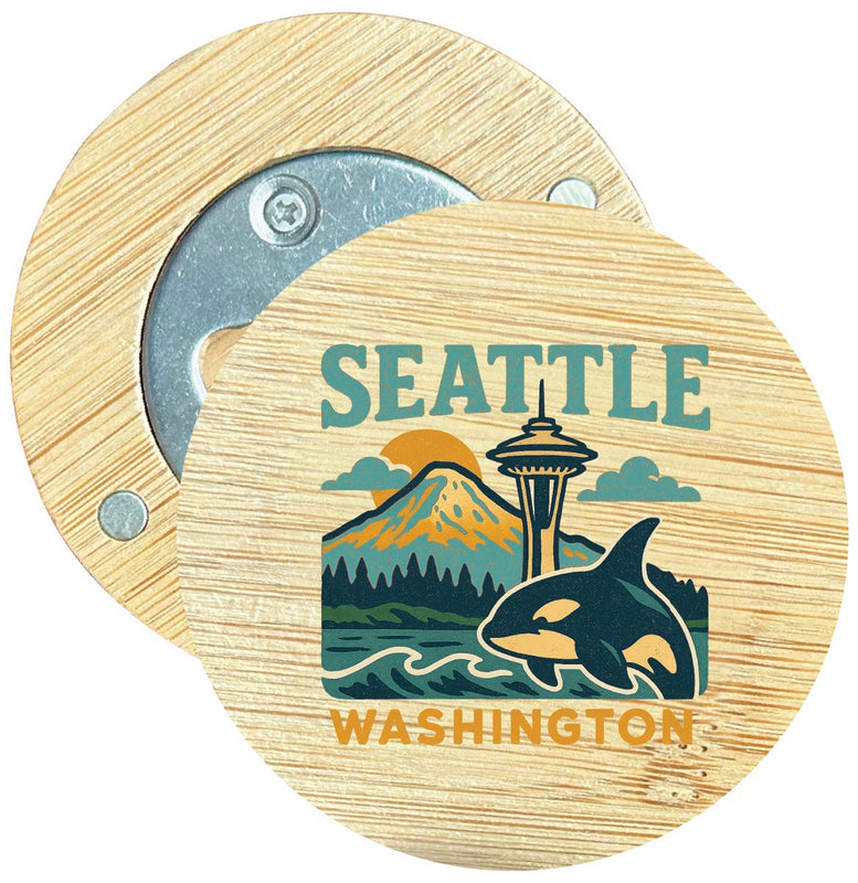 Seattle Washington Vintage Design Souvenir Round Wood Magnetic Bottle Opener 2.5"
