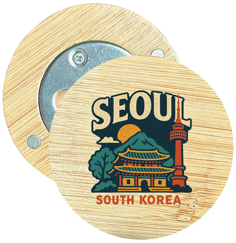 Seoul South Korea Vintage Design Souvenir Round Wood Magnetic Bottle Opener 2.5"