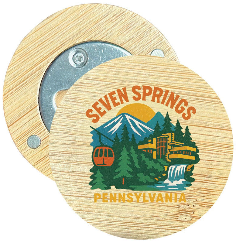 Seven Springs Pennsylvania Vintage Design Souvenir Round Wood Magnetic Bottle Opener 2.5"
