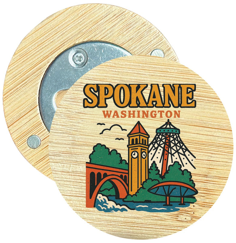 Spokane Washington Vintage Design Souvenir Round Wood Magnetic Bottle Opener 2.5"