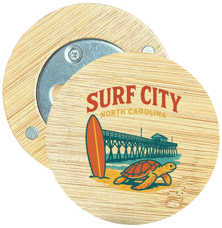 Surf City North Carolina Vintage Design Souvenir Round Wood Magnetic Bottle Opener 2.5"